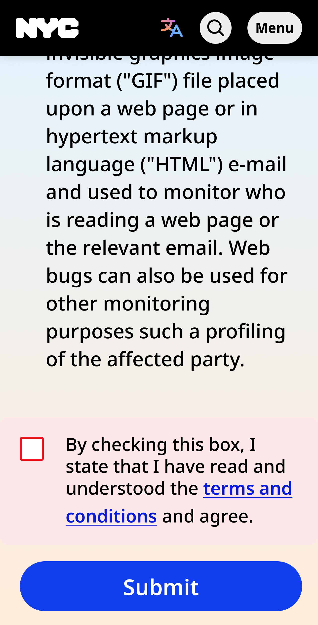 nyc.gov mobile portrait view showing text followed by a standalone Error checkbox for By checking this box, I state that I have read and understood the terms and conditions and agree, with a light red background followed by a Submit button.